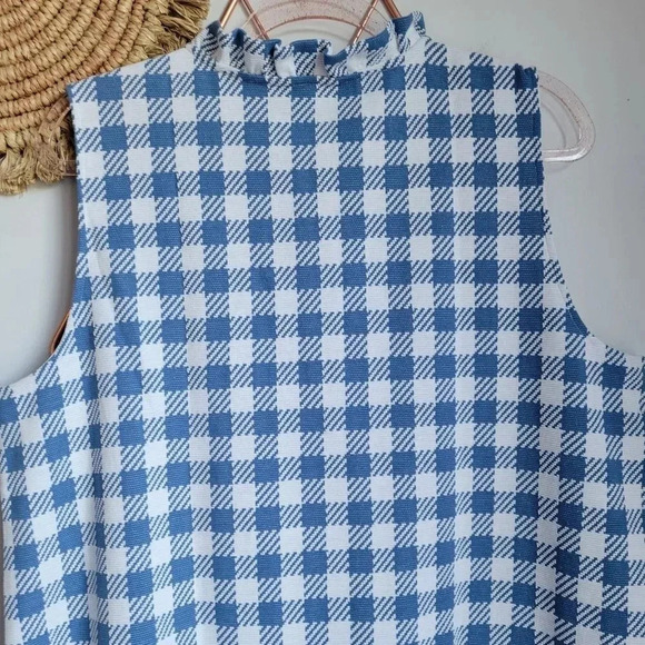 Ann Taylor, New, Blue & White Plaid Ruffle Neck Button Shell Knit Top Size XL - Picture 7 of 11